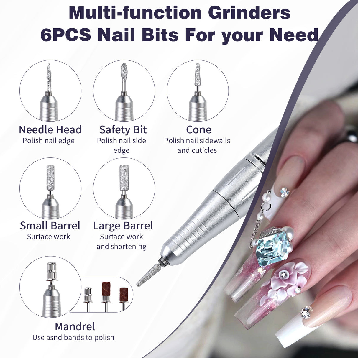 Pink High Speed Portable Nail Drill Set - Electric Nail File Set with 6 Nail Drill Bits