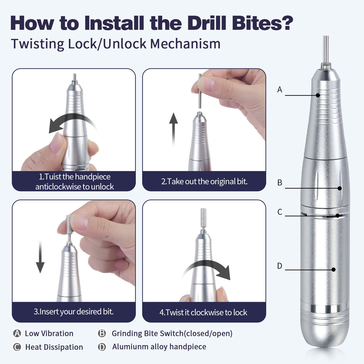 White High Speed Portable Nail Drill Set - Electric Nail File Set with 6 Nail Drill Bits