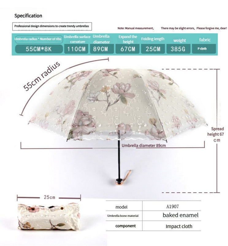 Apricot yellow Elegant Lace Parasol - UV Protection, Sun & Rain Umbrella, Tri-Fold Design