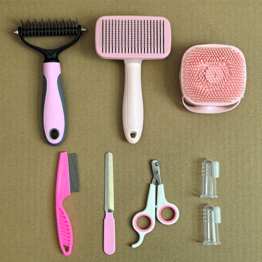 Pink 8-Piece Pet Grooming Tool Set - Brushes, Nail Clippers & More