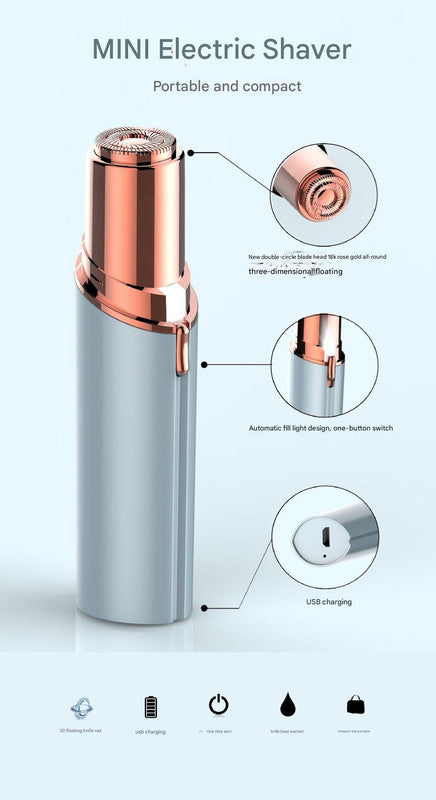 Blue Mini Lipstick Electric Shaver - USB Rechargeable Facial Hair Remover