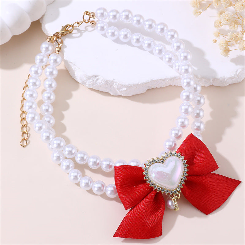 2 - PCS Cute Pet Pearl Necklace Collar with Red Bow and Heart Charm - Size M