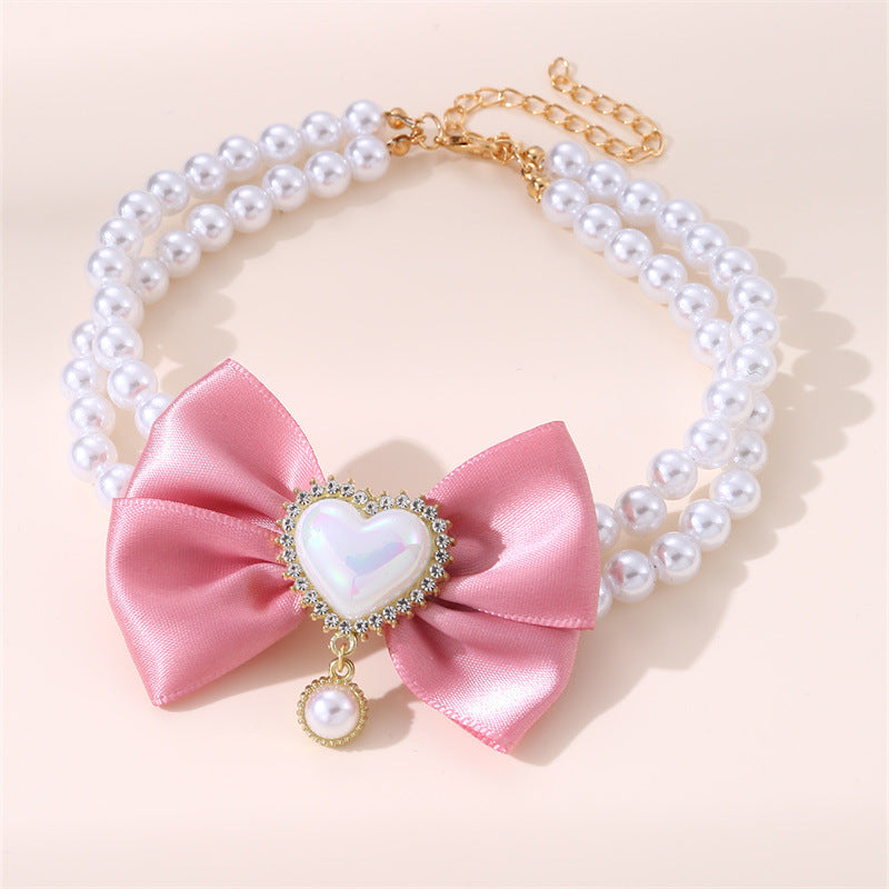 2 - PCS Cute Pet Pearl Necklace Collar with Pink Bow and Heart Charm - Size M