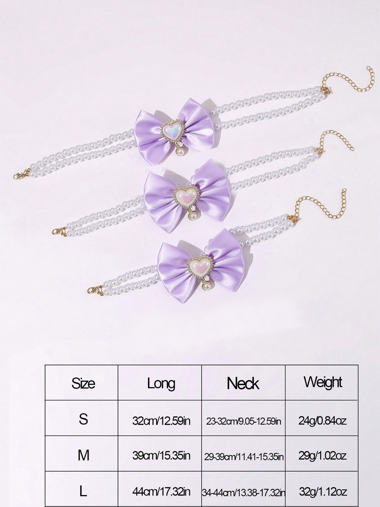 2 - PCS Cute Pet Pearl Necklace Collar with Purple Bow and Heart Charm - Size L