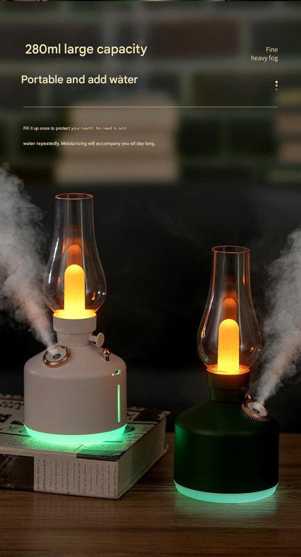 White Retro Kerosene Lamp Humidifier - Rechargeable Cool Mist Maker with Dimmable Light