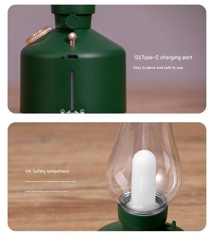 Black Retro Kerosene Lamp Humidifier - Rechargeable Cool Mist Maker with Dimmable Light