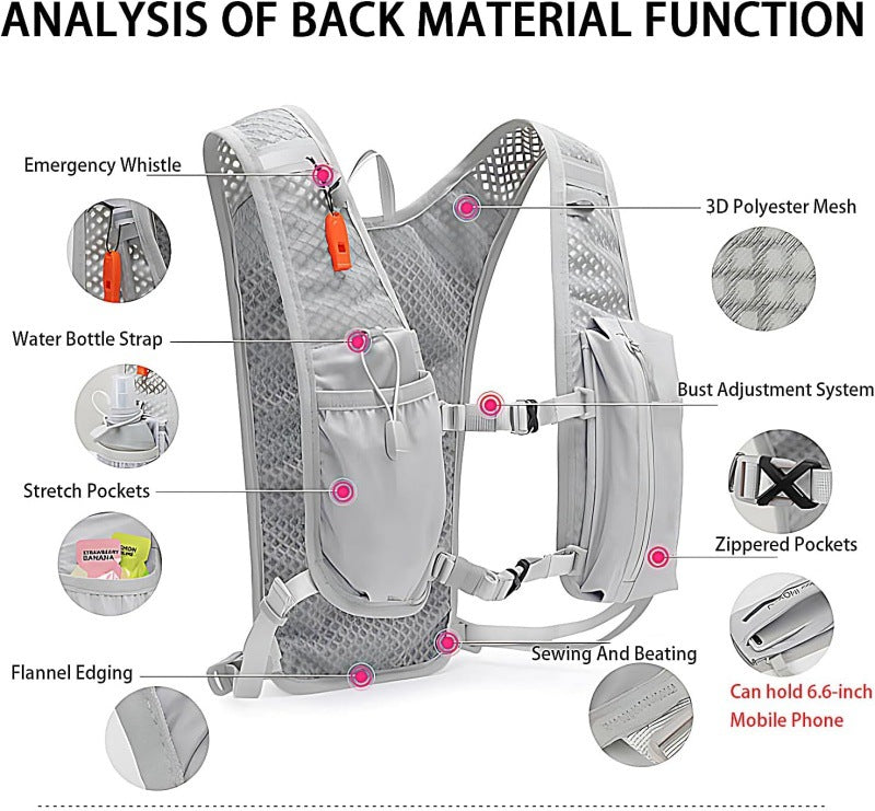 Grey Lightweight Hydration Vest Pack - Breathable Running & Cycling Backpack