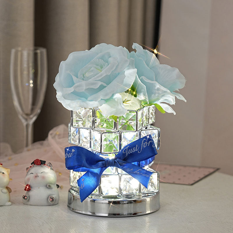 Blue Rose LED Crystal Flower Table Lamp - USB Rechargeable Touch Control Night Light