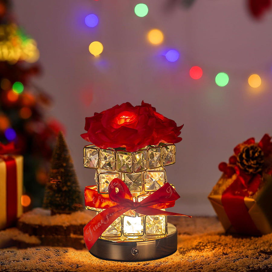 Red Rose LED Crystal Flower Table Lamp - USB Rechargeable Touch Control Night Light