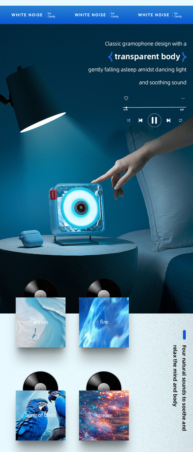 White Retro Bluetooth Speaker - Transparent Vinyl Design with RGB Light