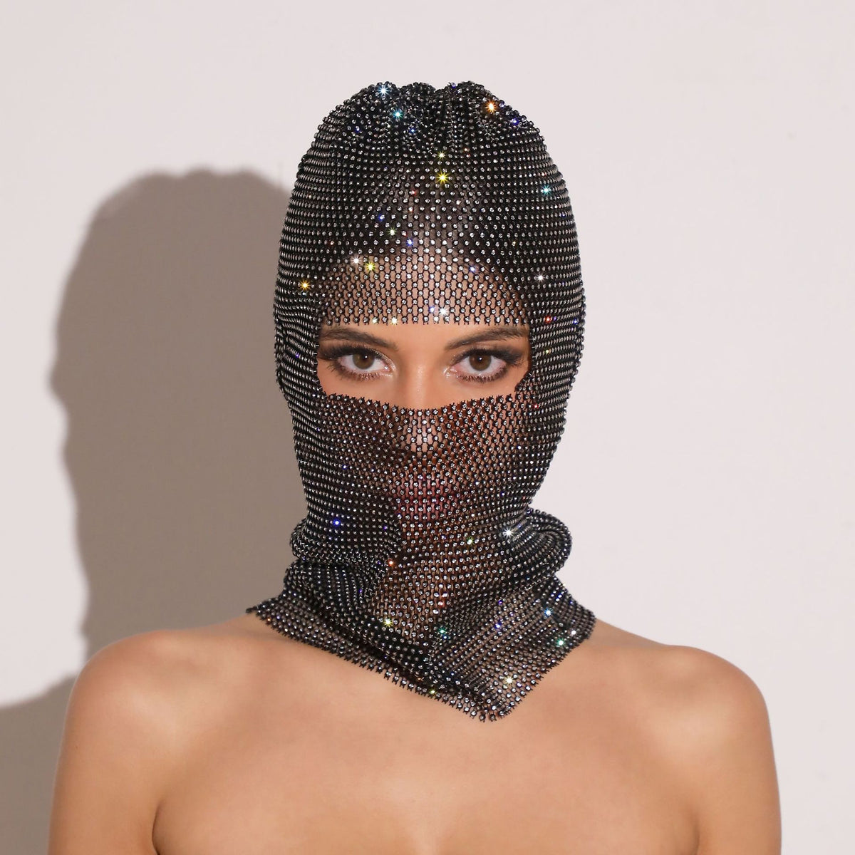 Black Glitter Rhinestone Face Balaclava - Trendy Music Festival Head Cover, 37cm