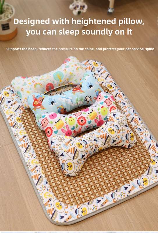 Size S Style 4 Blue And Brown Pet Cooling Mat for Dogs and Cats - Summer Breathable Woven Rattan Bed with Sponge Cushion, Durable and Chew-Resistant