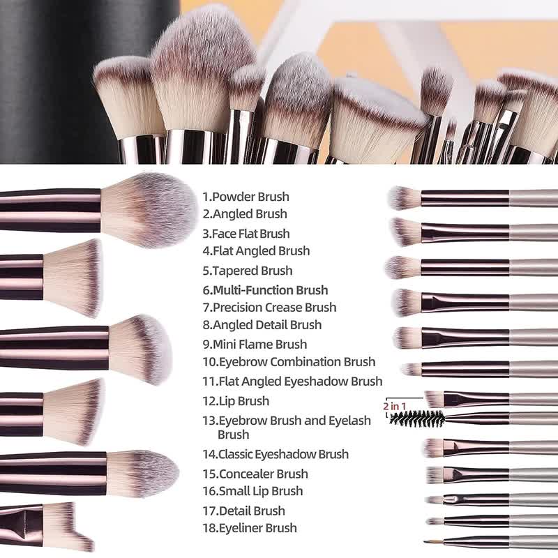 Black 18-Piece Makeup Brush Set - Professional Synthetic Fiber Brushes with Wooden Handles for Flawless Beauty