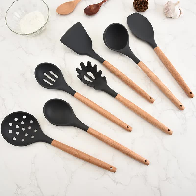 White And Brown 12-Piece Silicone Kitchen Utensil Set - Non-Stick Food-Grade Silicone Cooking Tools with Wooden Handles and Holder