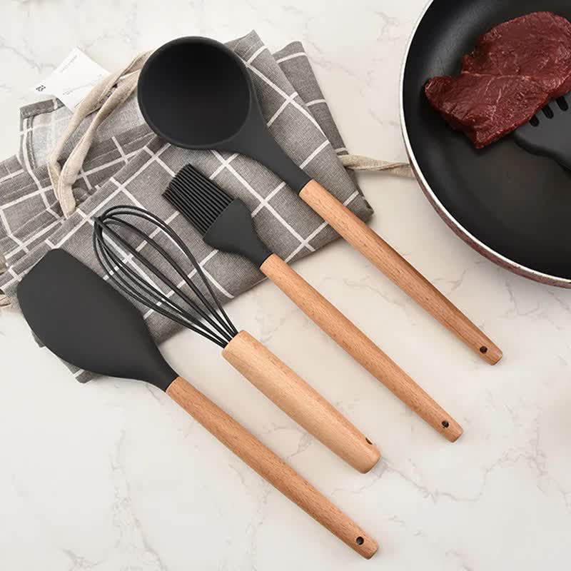 Light Grey And Brown 12-Piece Silicone Kitchen Utensil Set - Non-Stick Food-Grade Silicone Cooking Tools with Wooden Handles and Holder