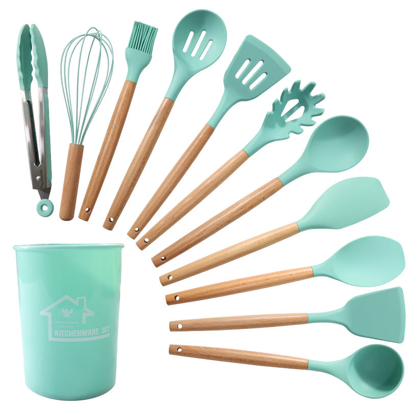 Green And Brown 12-Piece Silicone Kitchen Utensil Set - Non-Stick Food-Grade Silicone Cooking Tools with Wooden Handles and Holder