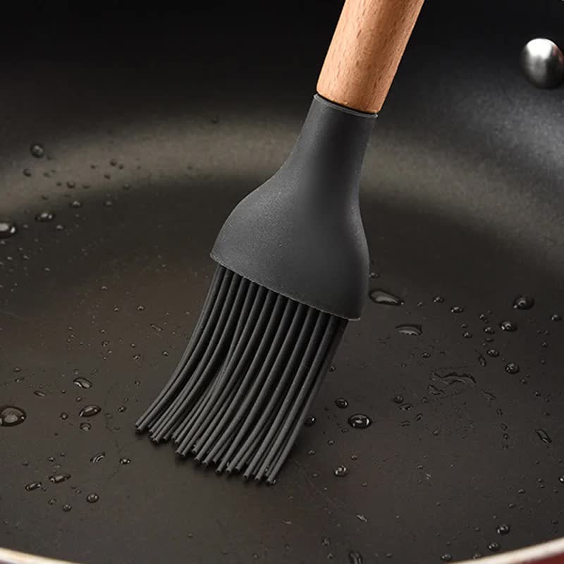 Green And Brown 12-Piece Silicone Kitchen Utensil Set - Non-Stick Food-Grade Silicone Cooking Tools with Wooden Handles and Holder