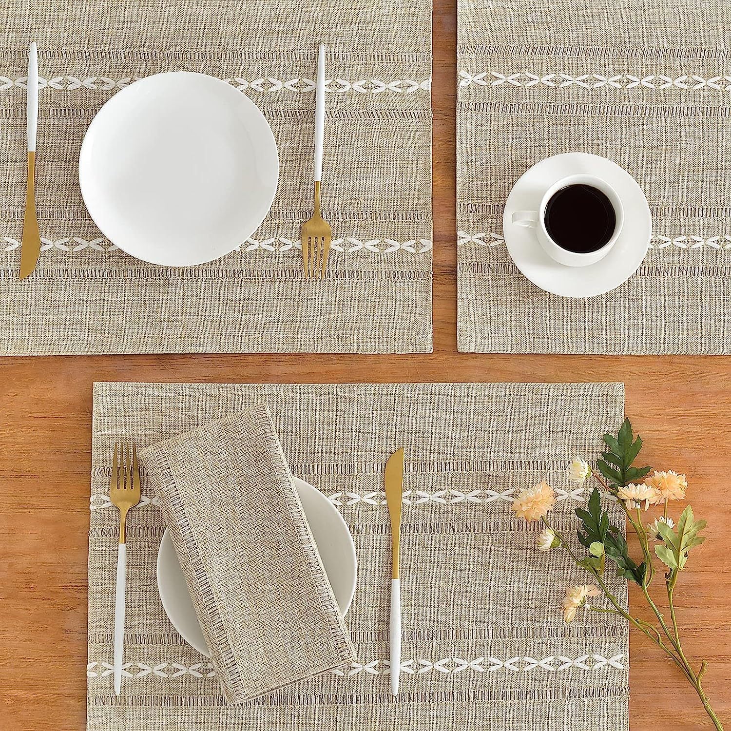 4 Pcs Beige Woven Placemats - Heat Resistant Kitchen Table Mats, Coffee Tea Cup Coasters, Linen Blend Dining Decor