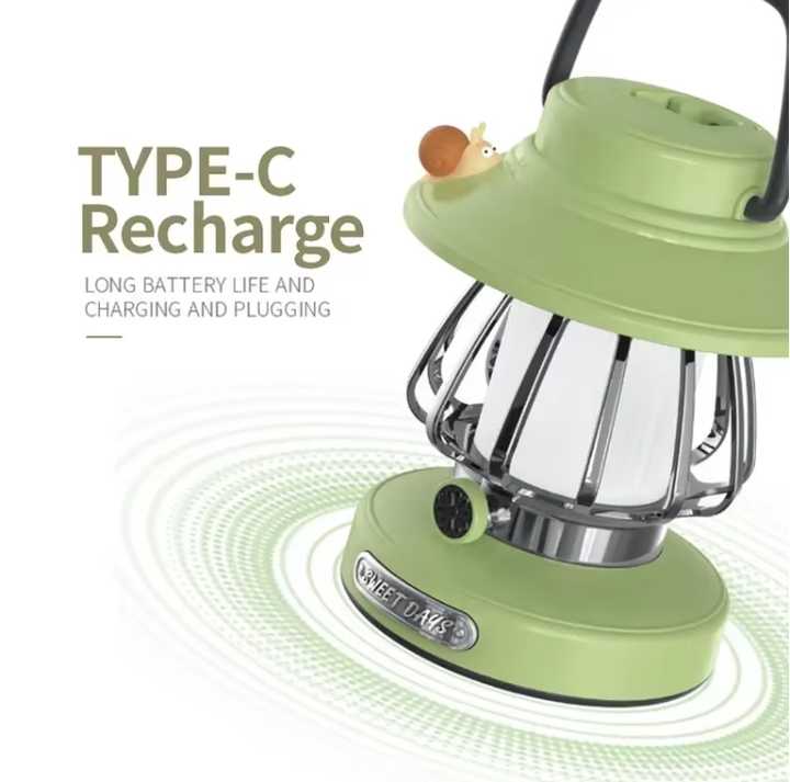 Pink Retro Snail Night Light - Portable Rechargeable Camping Lantern with Hook, 3-Color Dimming