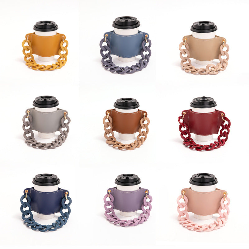 2 Pcs Khaki Detachable Chain Coffee Cup Sleeve - PU Leather Insulated Cup Holder with Handle, 16cm Top, 70g(Cup not included, only cup sleeve and chain)