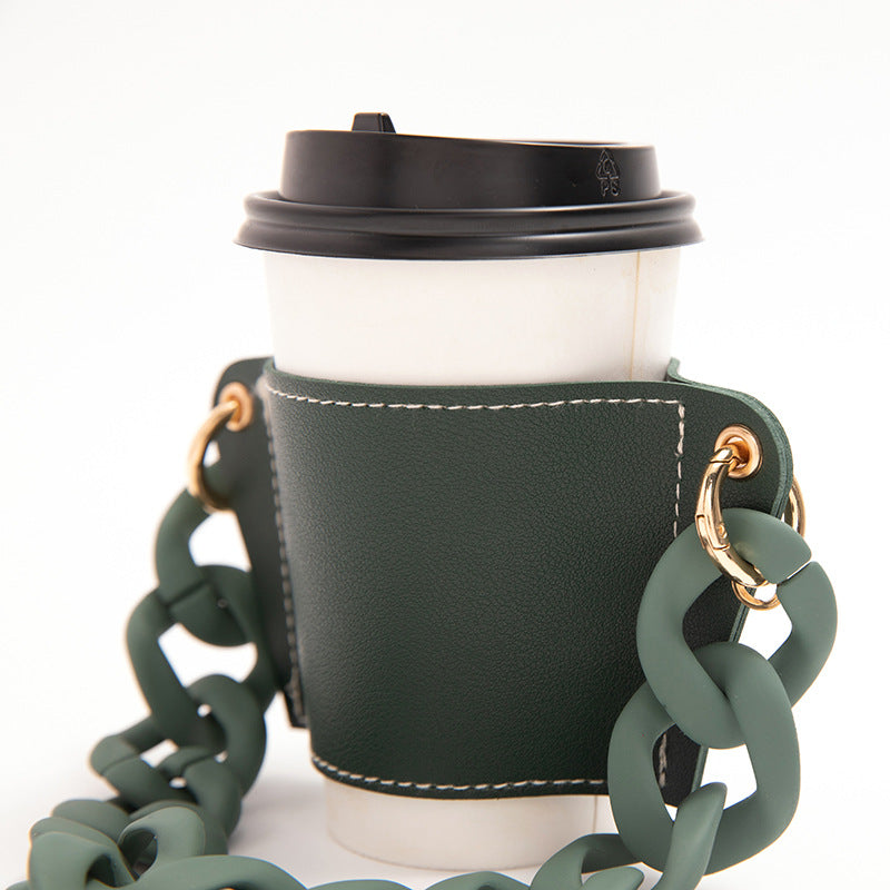 2 Pcs Khaki Detachable Chain Coffee Cup Sleeve - PU Leather Insulated Cup Holder with Handle, 16cm Top, 70g(Cup not included, only cup sleeve and chain)