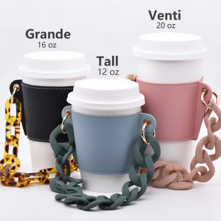 2 Pcs Khaki Detachable Chain Coffee Cup Sleeve - PU Leather Insulated Cup Holder with Handle, 16cm Top, 70g(Cup not included, only cup sleeve and chain)