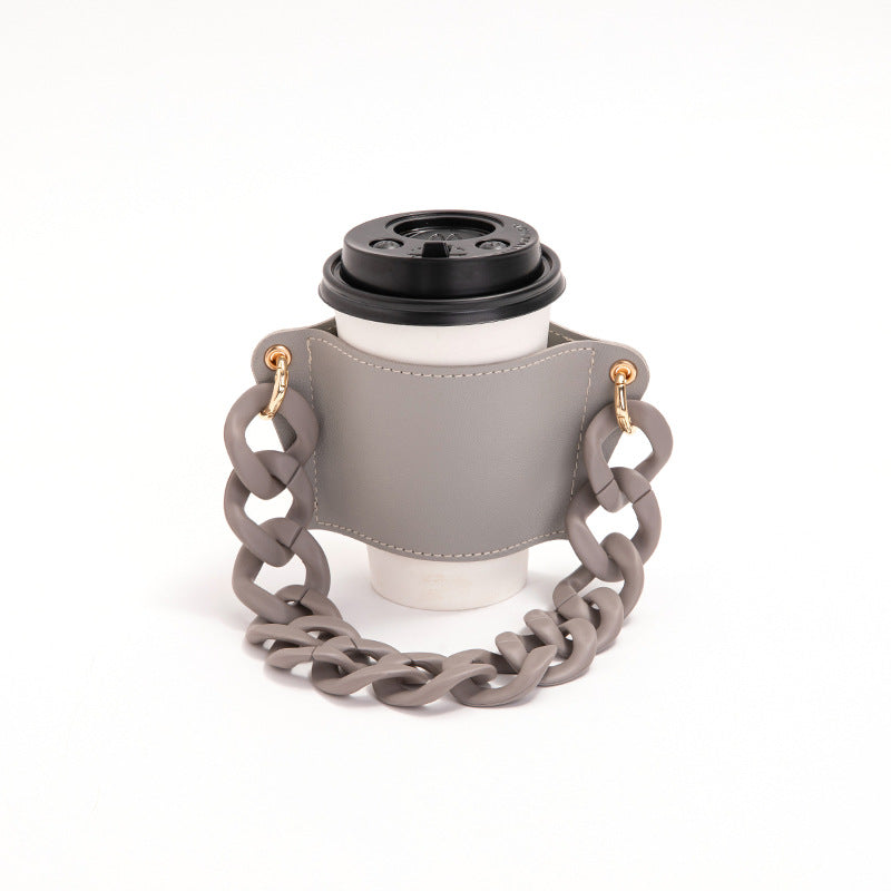 2 Pcs Grey Detachable Chain Coffee Cup Sleeve - PU Leather Insulated Cup Holder with Handle, 16cm Top, 70g(Cup not included, only cup sleeve and chain
