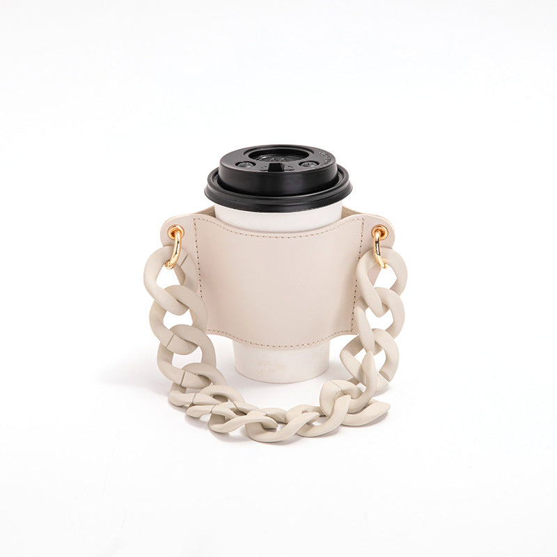 2 Pcs Beige Detachable Chain Coffee Cup Sleeve - PU Leather Insulated Cup Holder with Handle, 16cm Top, 70g(Cup not included, only cup sleeve and