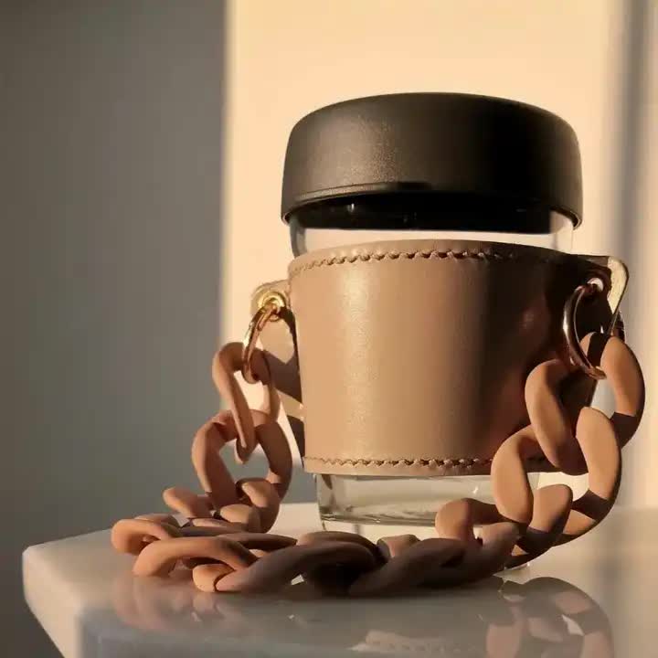2 Pcs Dark Blue Detachable Chain Coffee Cup Sleeve - PU Leather Insulated Cup Holder with Handle, 16cm Top, 70g(Cup not included, only cup sleeve and chain)