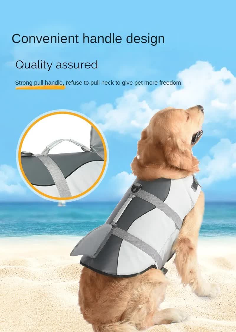 Size L Grey Pet Life Jacket for Dogs - Summer Swimming Safety Vest with Shark Fin for Small to Large Breeds