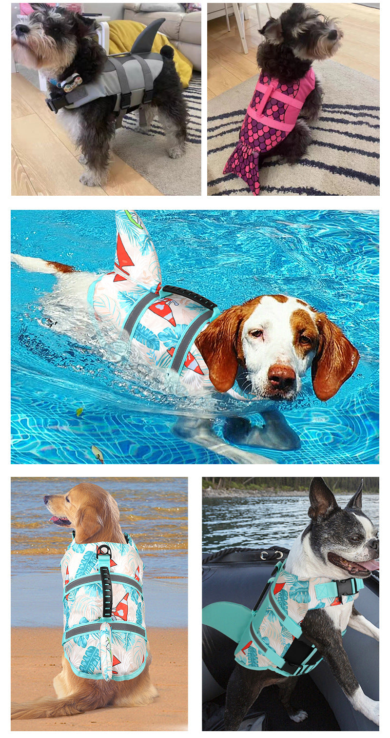 Size XS Beige And Blue Sailboat Pattern Pet Life Jacket for Dogs - Summer Swimming Safety Vest with Shark Fin for Small to Large Breeds