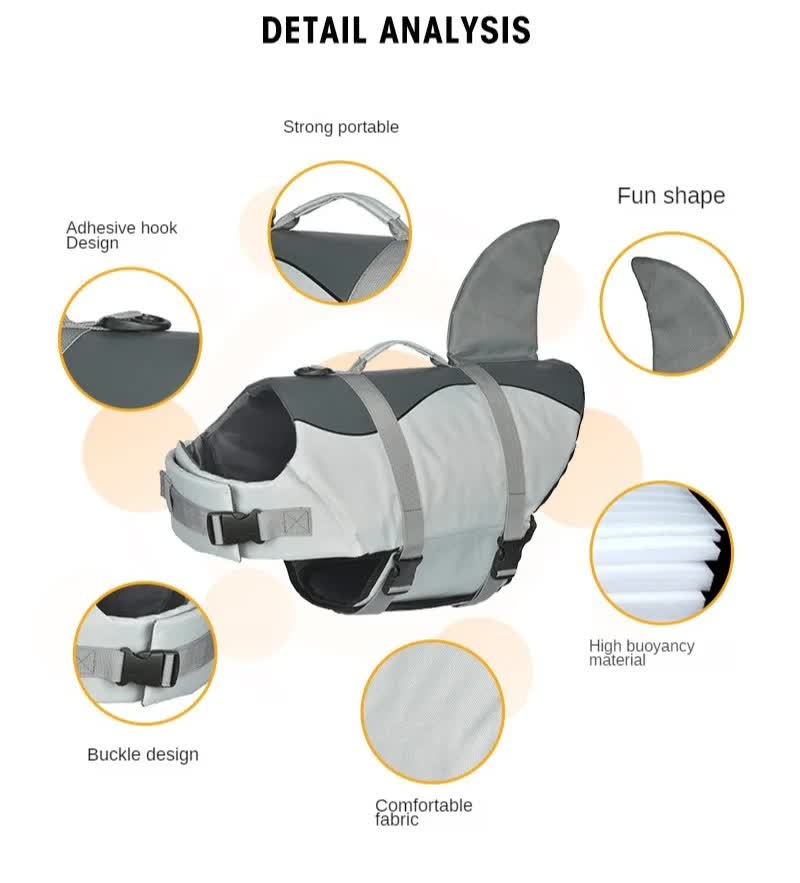 Size S Beige And Blue Sailboat Pattern Pet Life Jacket for Dogs - Summer Swimming Safety Vest with Shark Fin for Small to Large Breeds