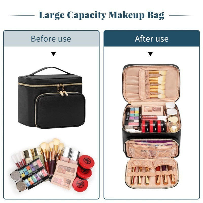 Black Portable Travel Makeup Bag with Brush Compartment - Stylish PU Leather Cosmetic Organizer for Skincare and Toiletry Storage