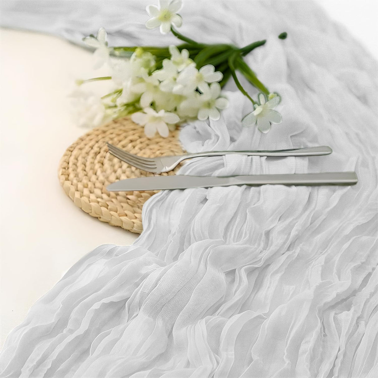 White Bohemian Gauze Table Runner 2-Pack - Polyester Fabric for Party and Birthday Table Decor