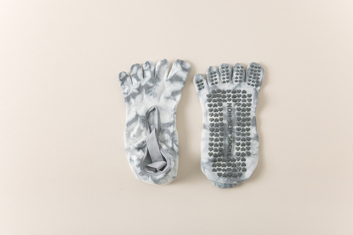 2 Pairs Grey Tie-Dye Non-Slip Yoga Socks for Women - Five-Toe Cotton Blend Socks for Pilates and Indoor Sports