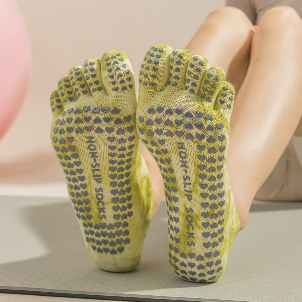 2 Pairs Grey Tie-Dye Non-Slip Yoga Socks for Women - Five-Toe Cotton Blend Socks for Pilates and Indoor Sports