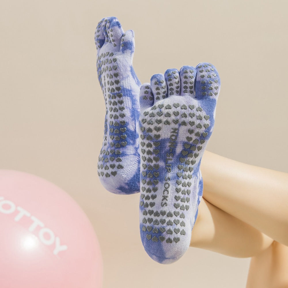 2 Pairs Yellow Tie-Dye Non-Slip Yoga Socks for Women - Five-Toe Cotton Blend Socks for Pilates and Indoor Sports