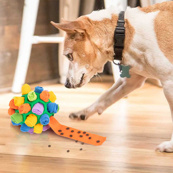 Blue Ball And Blue Strips Of Fabric Interactive Pet Snuffle Ball - Treat-Dispensing Toy for Dogs and Cats, 20 cm TPR and Felt Fabric for Mental Stimulation