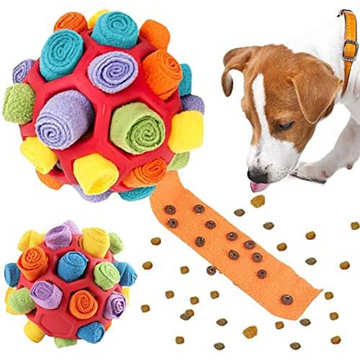 Red Ball And Colorful Strips Of Fabric Interactive Pet Snuffle Ball - Treat-Dispensing Toy for Dogs and Cats, 20 cm TPR and Felt Fabric for Mental Stimulation