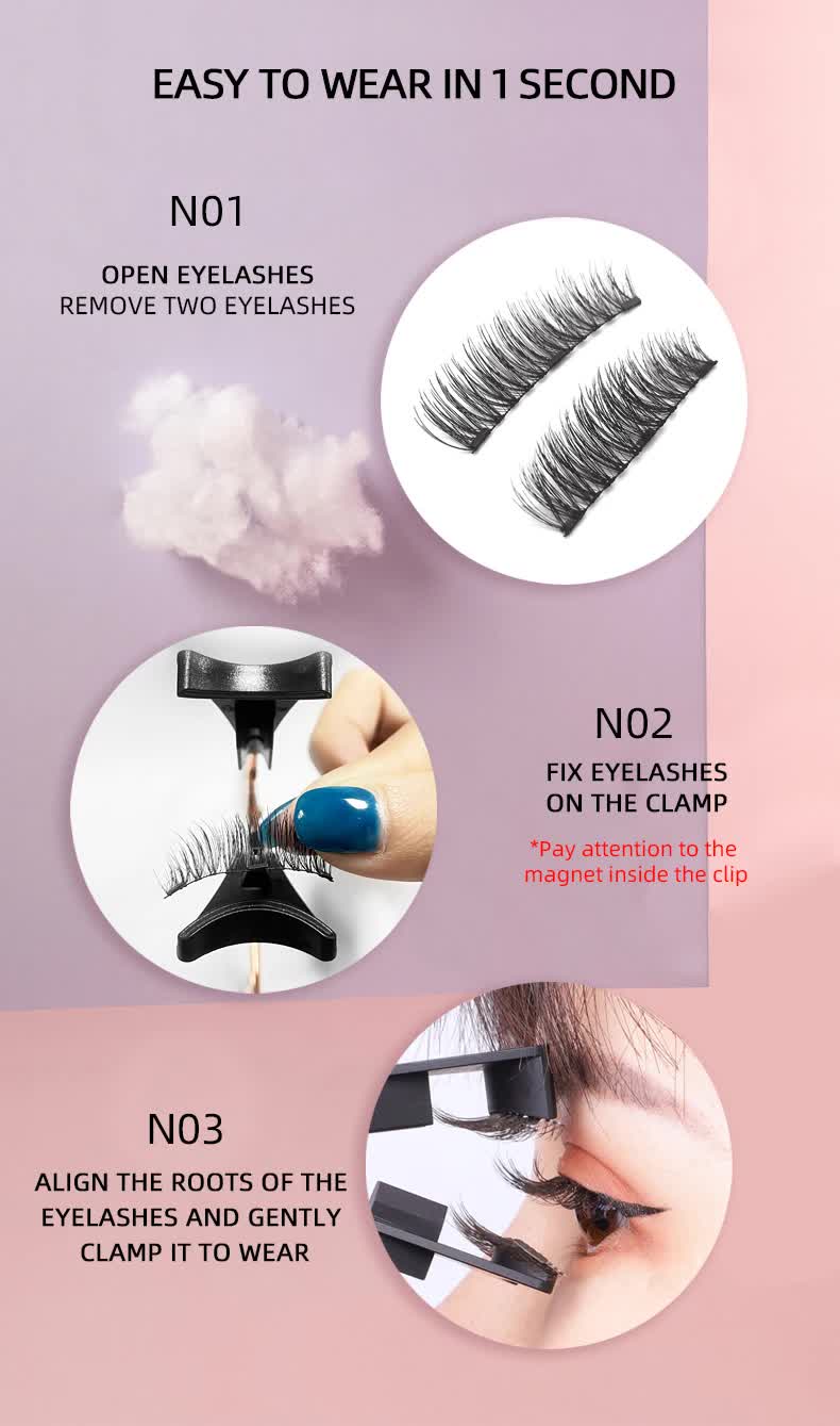 Style 1 Black Magnetic False Eyelashes Kit - 3 Pairs with Applicator Clip and Mirror Case