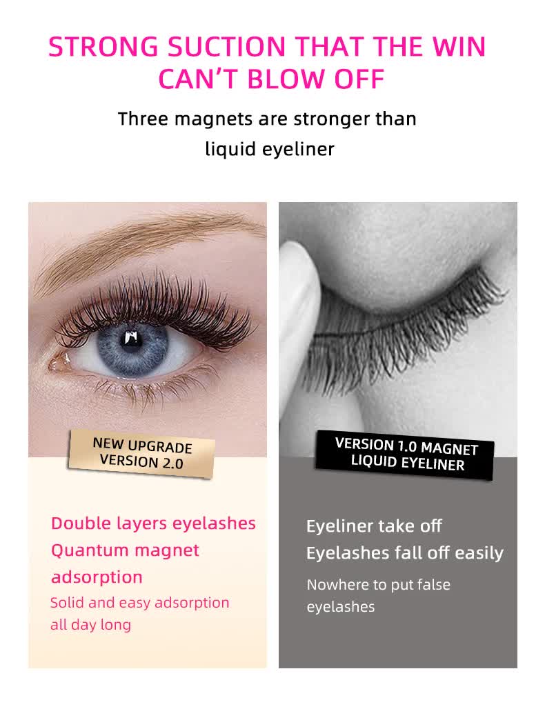 Style 2 Black Magnetic False Eyelashes Kit - 3 Pairs with Applicator Clip and Mirror Case