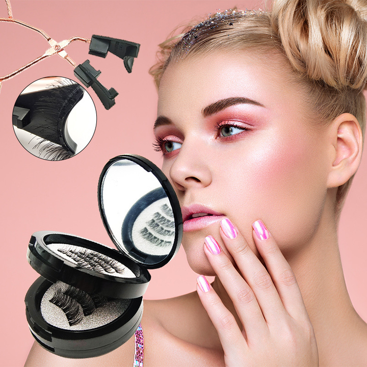 Style 4 Black Magnetic False Eyelashes Kit - 3 Pairs with Applicator Clip and Mirror Case