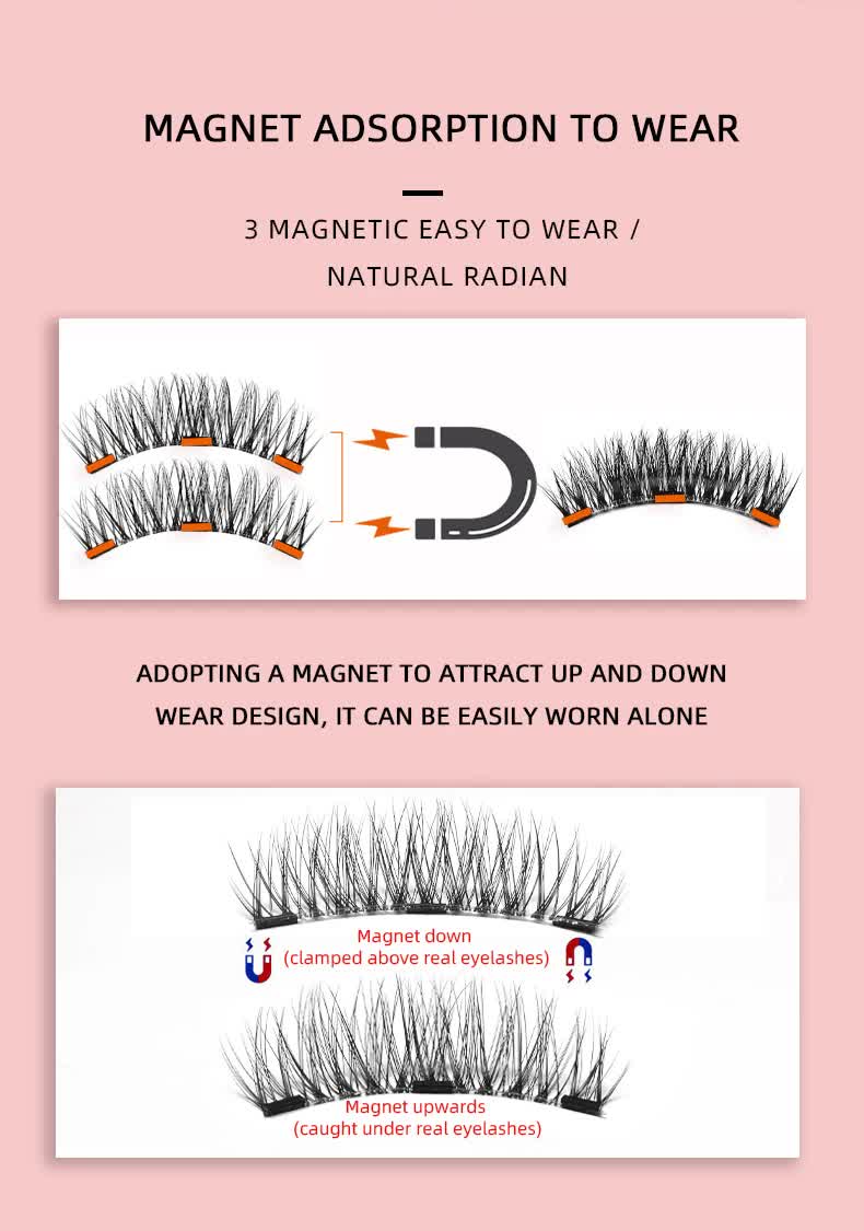 Style 4 Black Magnetic False Eyelashes Kit - 3 Pairs with Applicator Clip and Mirror Case