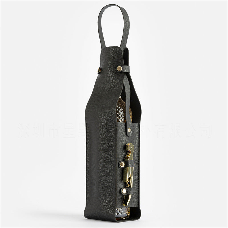 Black Leather-Look Single Wine Bottle Carrier Bag with Handle and Side Pocket for Opener(Red wine and bottle opener are props for shooting and are not included)