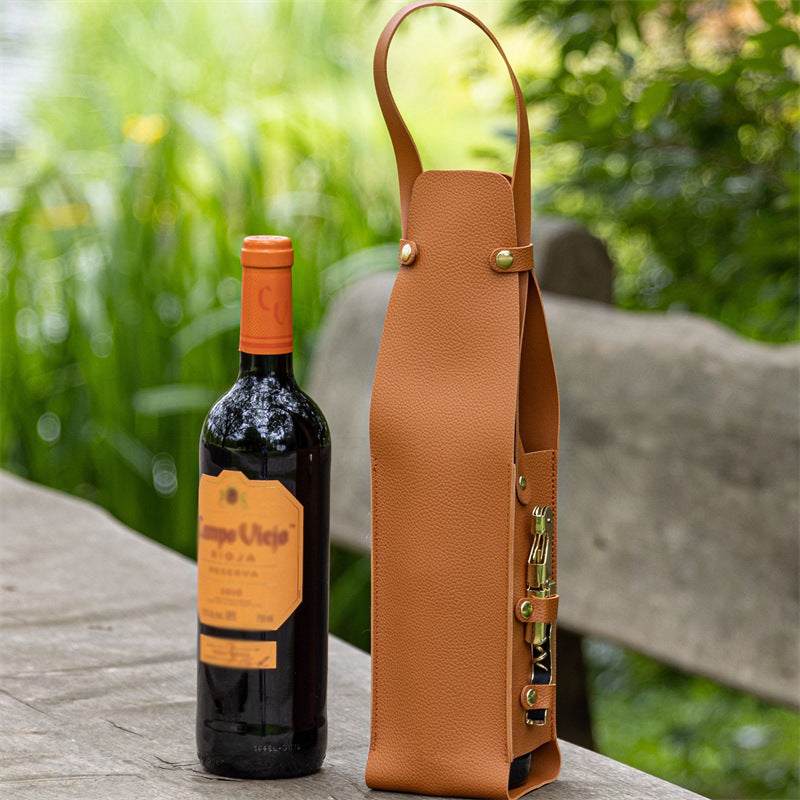Brown Leather-Look Single Wine Bottle Carrier Bag with Handle and Side Pocket for Opener(Red wine and bottle opener are props for shooting and are not included)
