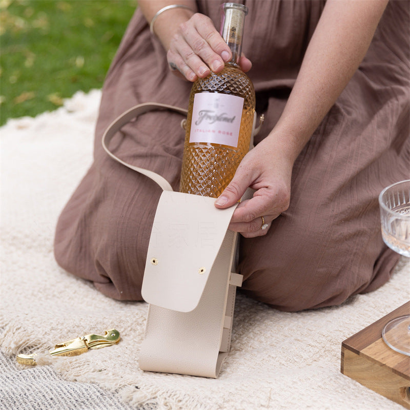 Brown Leather-Look Single Wine Bottle Carrier Bag with Handle and Side Pocket for Opener(Red wine and bottle opener are props for shooting and are not included)