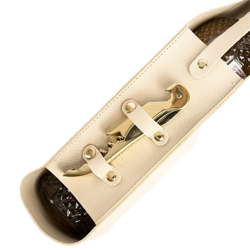 Beige Leather-Look Single Wine Bottle Carrier Bag with Handle and Side Pocket for Opener(Red wine and bottle opener are props for shooting and are not included)