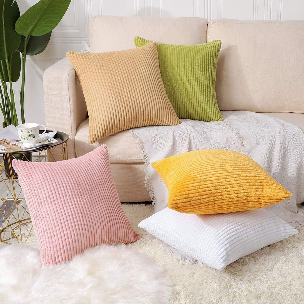 Brown Plush Striped Pillow Covers 45x45cm - Set of 4 Corduroy-Style Cushion Covers with Invisible Zipper, Soft and Washable for Sofa Decor