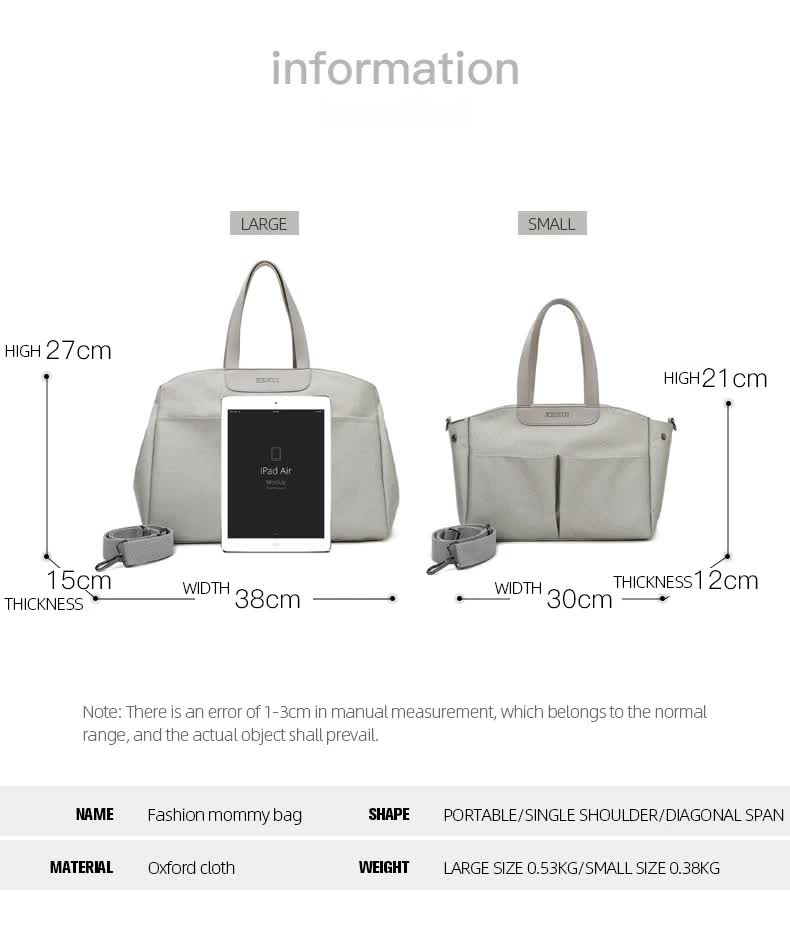 Size Small Grey Stylish Multi-Function Diaper Bag - Insulated Tote with Shoulder Strap for Baby Essentials