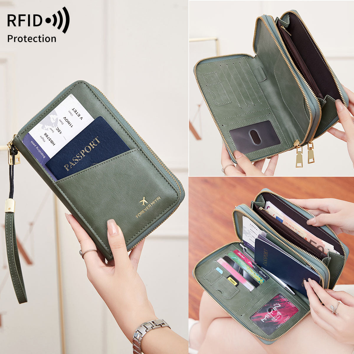 Peacock Blue RFID Blocking Passport Wallet - Multi-Function Travel Organizer with Double Zipper and Crossbody Strap